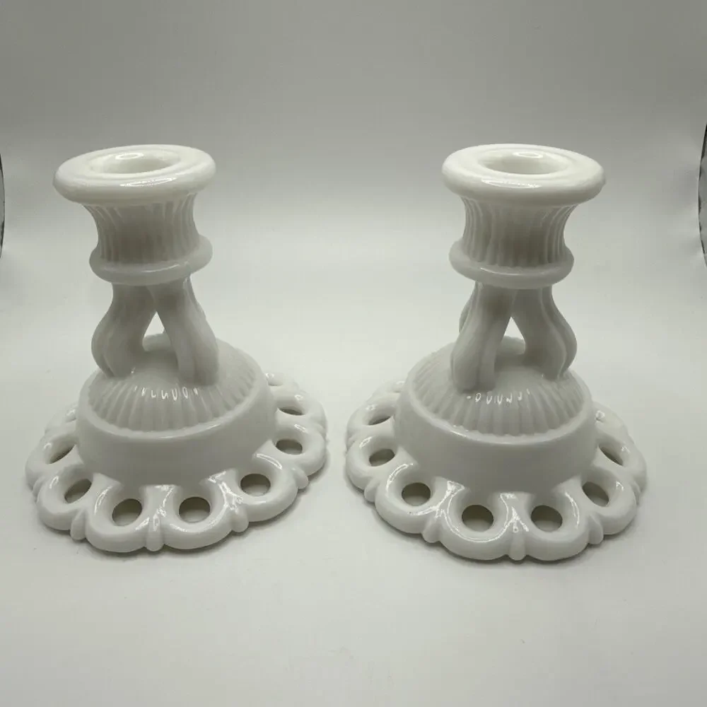 Vtg 50s Westmoreland Milk Glass Open Candlesticks Lace Doric Coquette Pair MCM